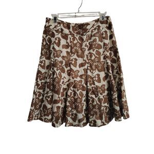 Boden White with Brown‎ Floral Design Linen Midi Skirt 10R